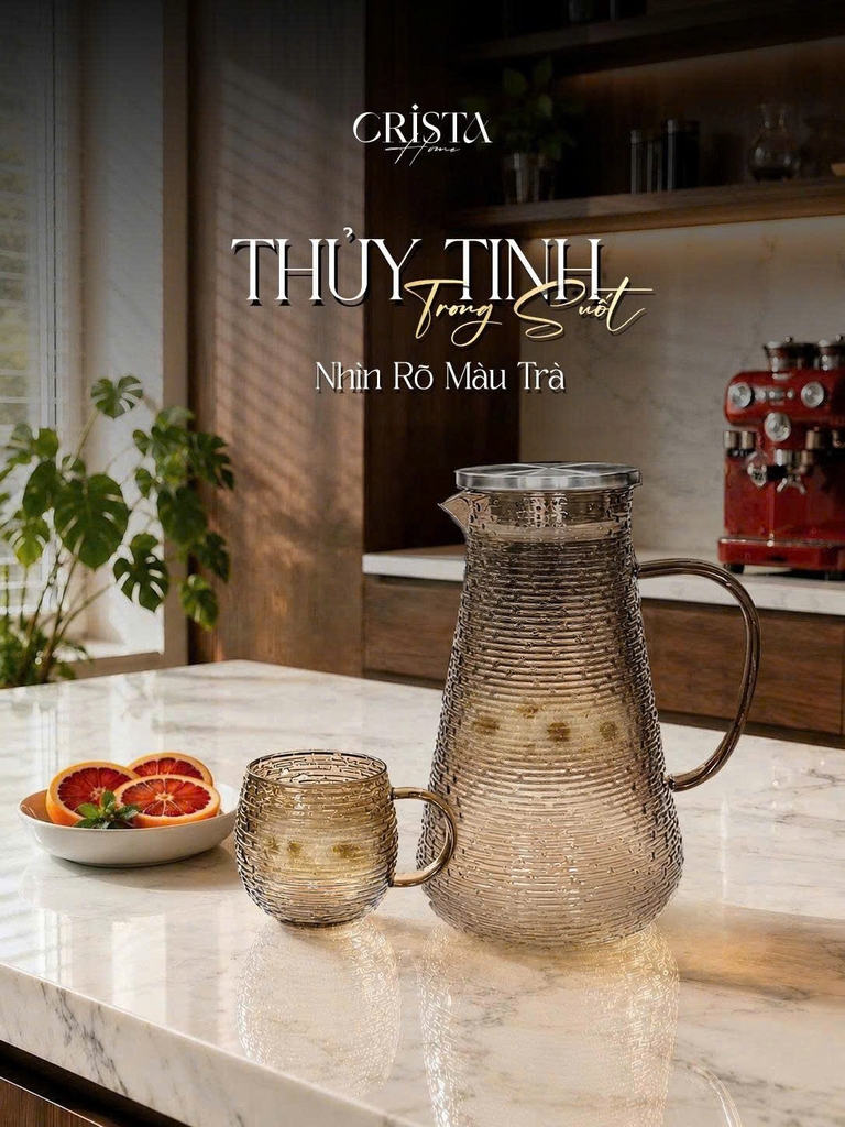 Bình nước thủy tinh Crista Home họa tiết vân ngang 2L màu nâu (60279-BR)