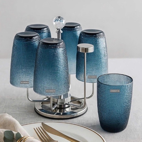 Bộ 6 cốc thủy tinh Crista Home họa tiết vân lưới 420ml xanh dương (80052-B)/60209-B