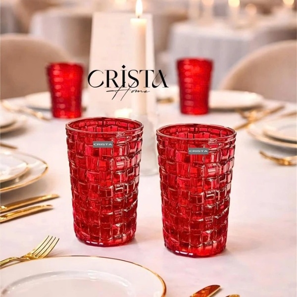 Bộ 6 cốc thuỷ tinh Crista Home hoạ tiết vân caro 350ml màu đỏ (60223-R)