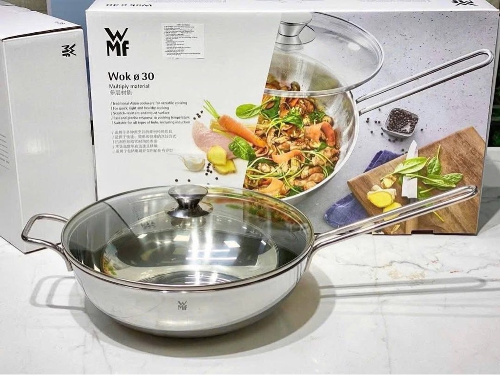 Chảo inox WMF wok sâu lòng nắp kính 30cm 0792336040