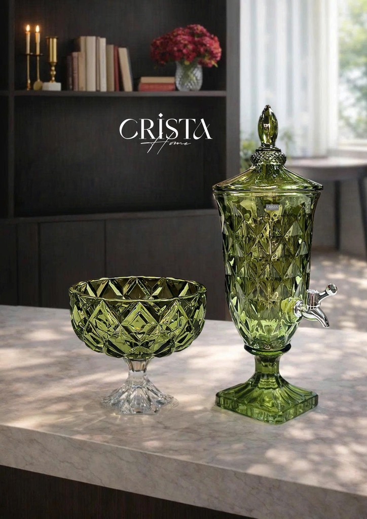Hũ thủy tinh chân bồng vân kim cương 18cm Crista Home màu xanh lá (60251-G)