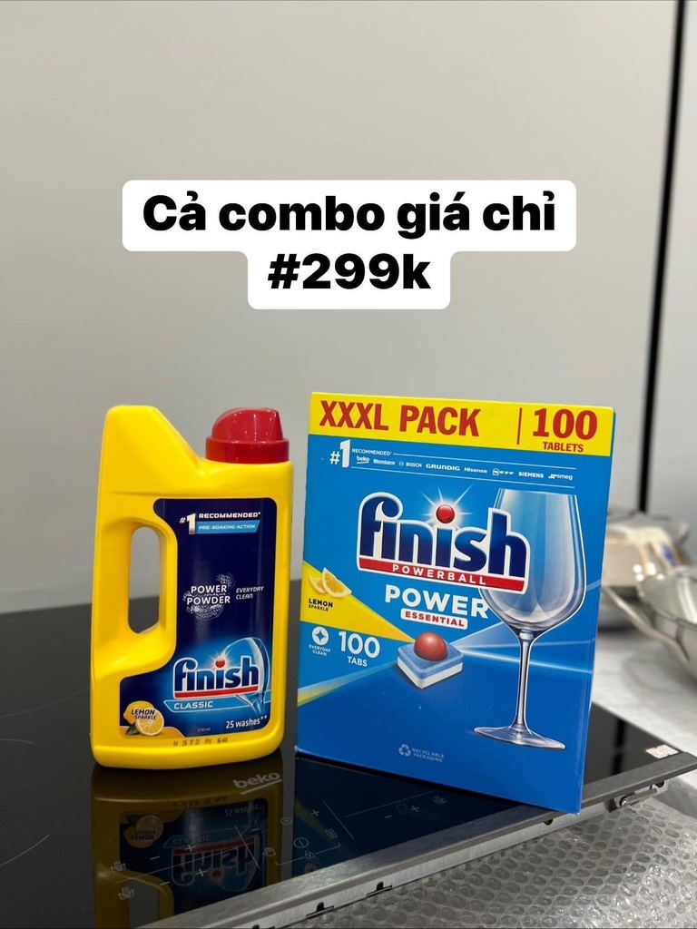 Combo viên rửa essential 100v Finish + can bột Finish
