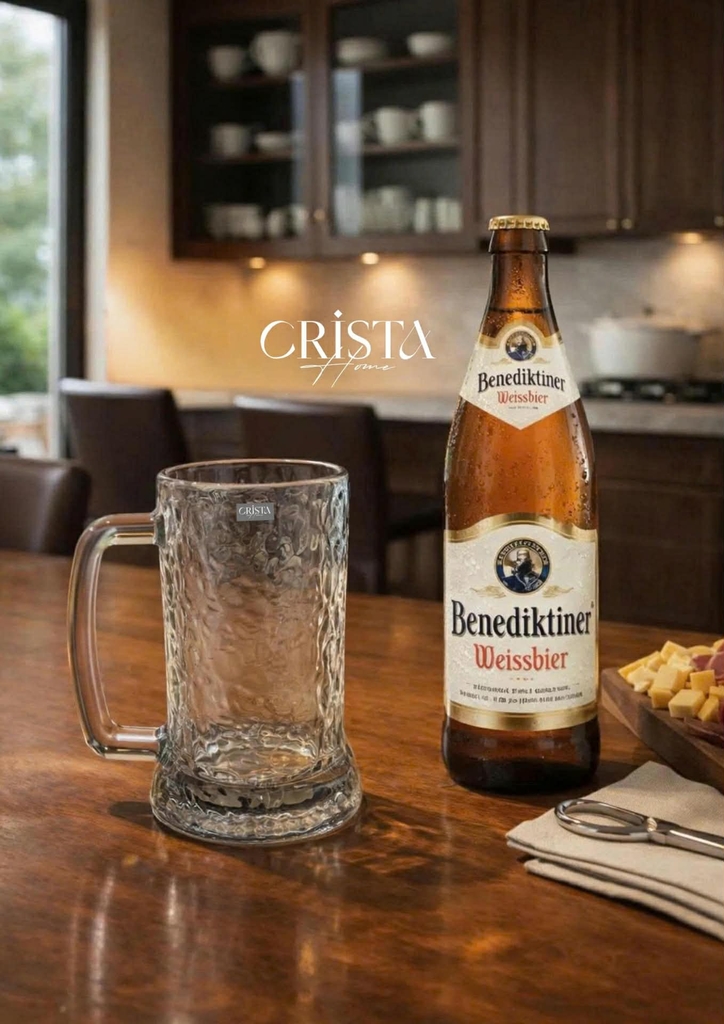 Bộ 6 cốc bia thuỷ tinh vân sóng nước có quai Crista Home 420ml màu xám (60247-GR)