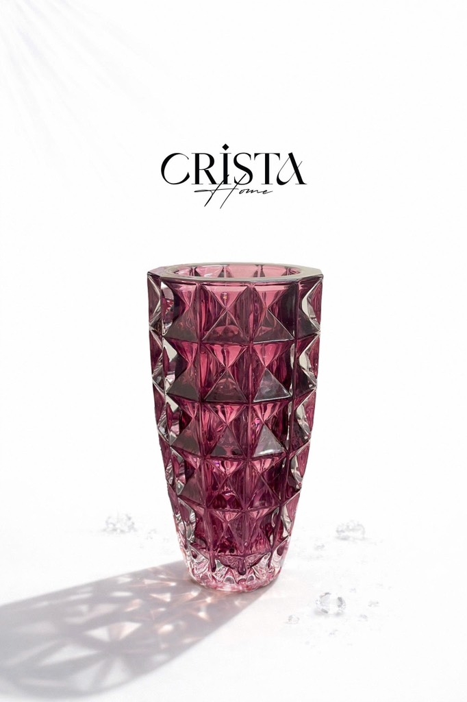 Lọ cắm hoa thủy tinh Crista Home vân kim cương 27.5cm x 14cm màu hồng