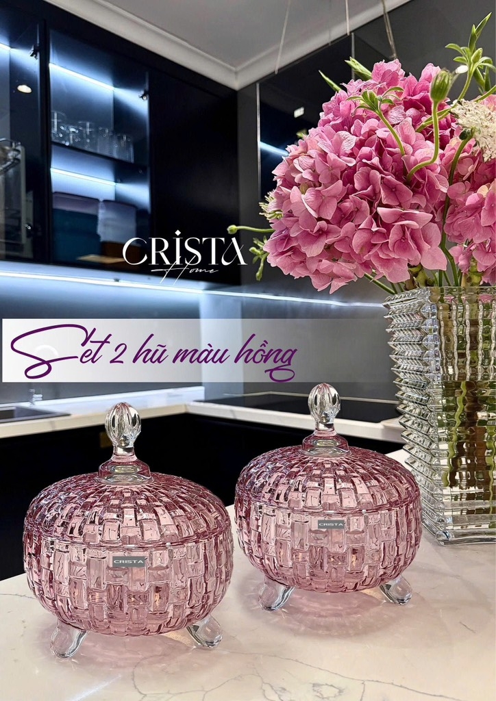 Set 2 hũ mứt Crista Home vân caro màu hồng (60205-P)