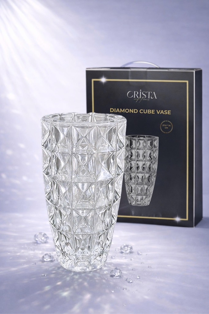 Lọ cắm hoa thủy tinh Crista Home vân kim cương 27.5cm x 14cm màu trắng (60232-W)