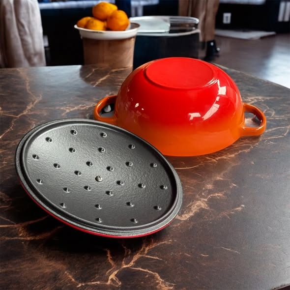 Nồi chảo gang Happiness dây hoa màu cam 23cm