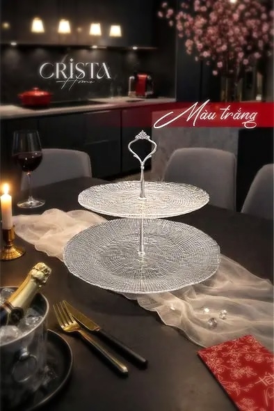 Bộ đĩa thủy tinh 2 tầng vân lưới tròn 28cm + 22,5cm Crista Home màu trắng (60224-W)