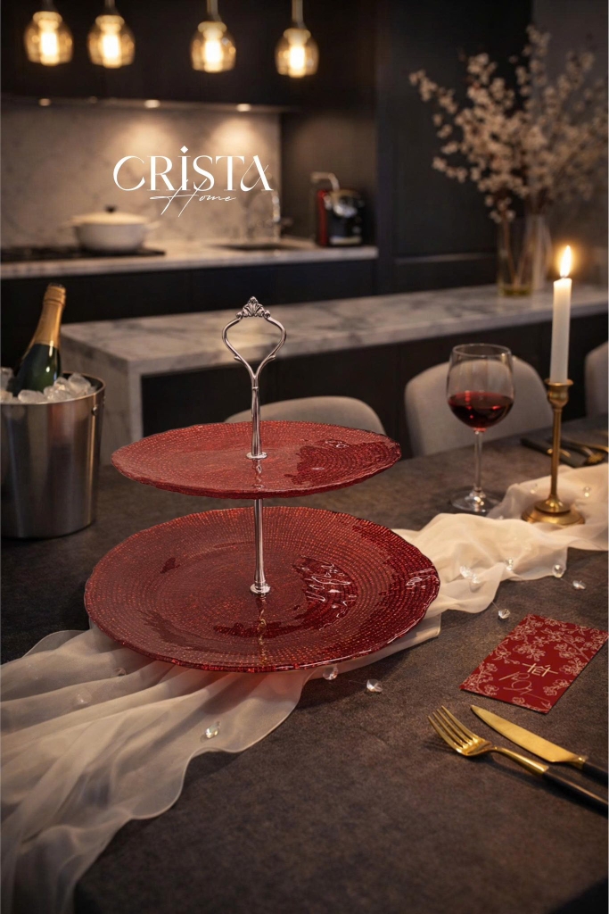 Bộ đĩa thủy tinh 2 tầng vân lưới tròn 28cm + 22,5cm Crista Home màu đỏ (60224-R)