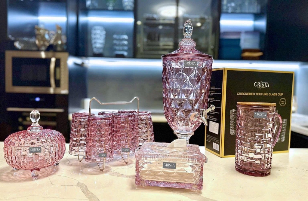 Bình nước thủy tinh Crista Home vân kim cương có vòi 3,3L màu hồng (60244-P)