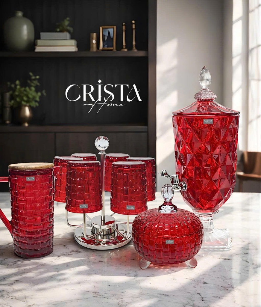 Bình nước thủy tinh Crista Home vân kim cương có vòi 3,3L màu đỏ (60244-R)