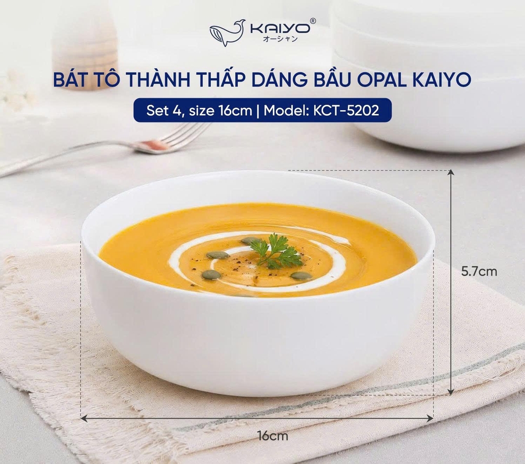 Set 4 bát tô thành thấp dáng bầu opal Kaiyo 16cm (KCT-5202)