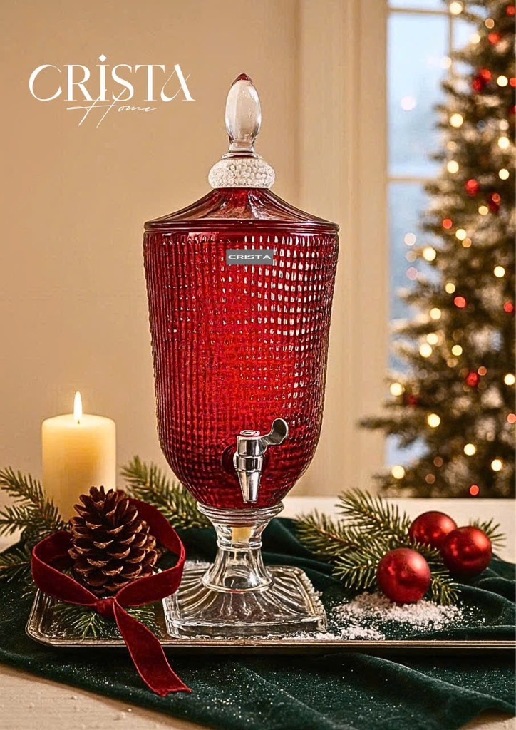 Bình nước thủy tinh Crista Home họa tiết vân lưới có vòi 3,3L đỏ (60204-R)