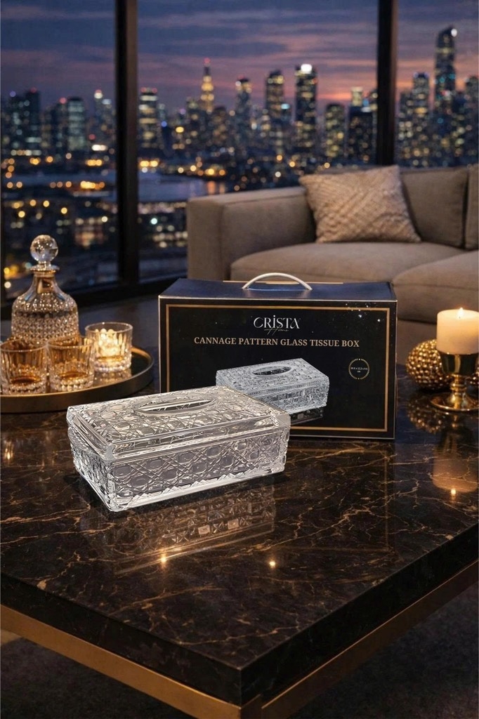 Hộp thuỷ tinh đựng giấy ăn vân pha lê nổi Crista Home màu trắng (60231-W)