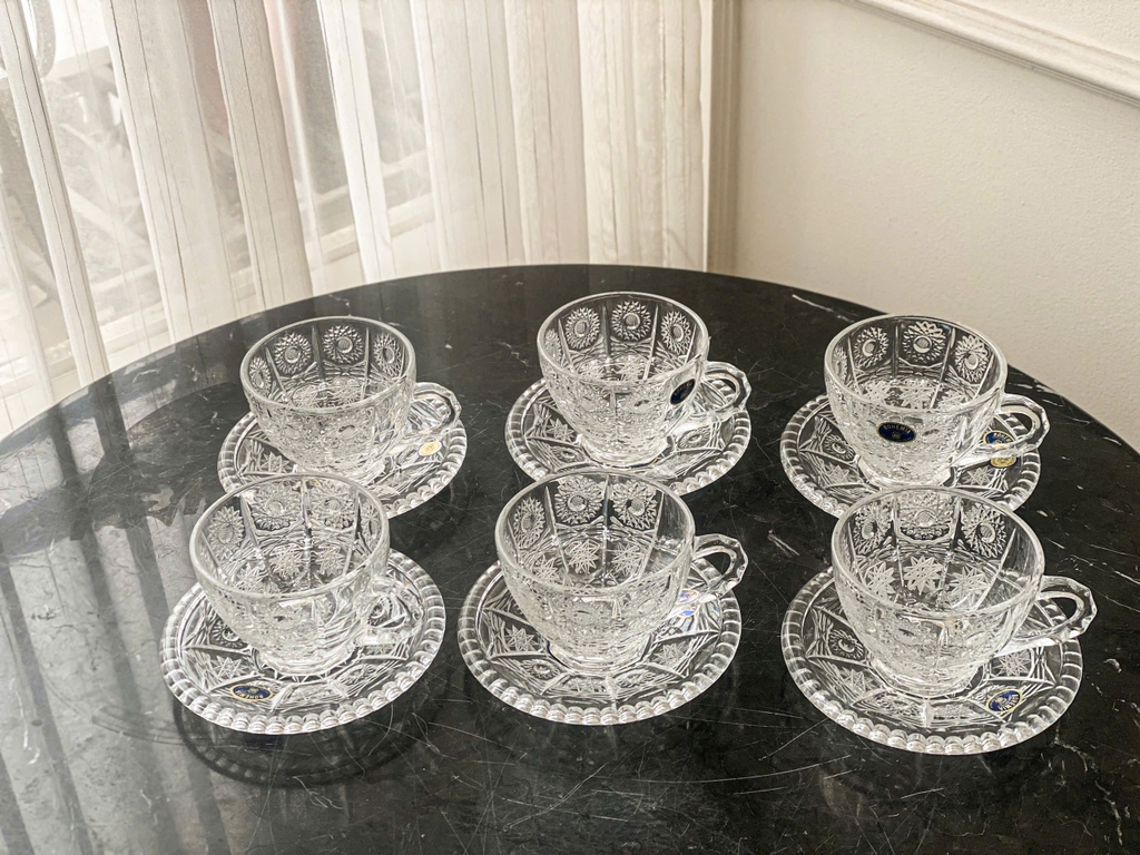 Set 6 tách trà kèm đĩa pha lê mài Bohemia M57 Crystal 150ml