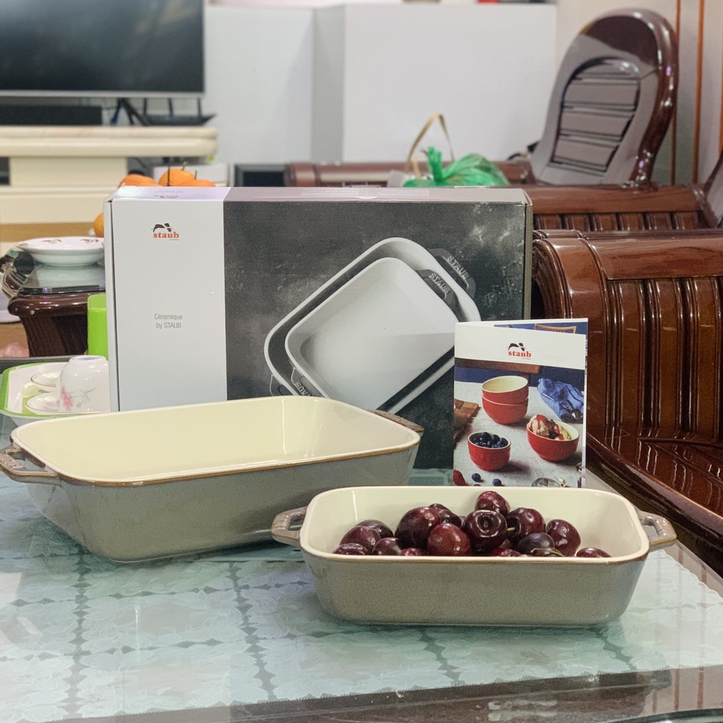 Set 2 khay sứ Staub chữ nhật màu Ancient Grey