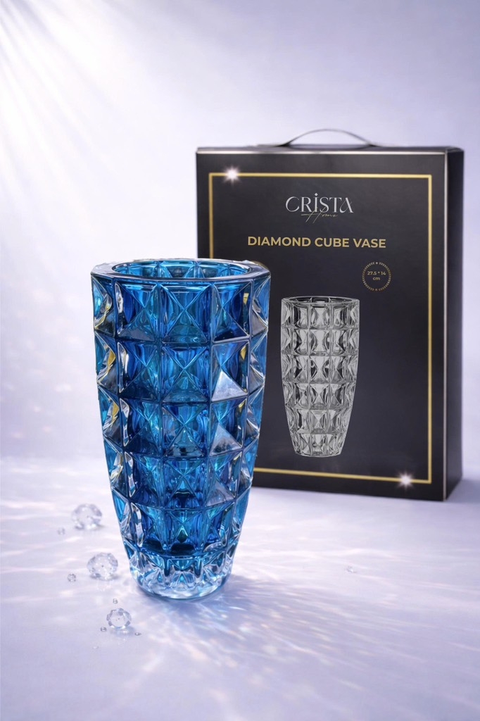 Lọ cắm hoa thủy tinh Crista Home vân kim cương 27.5cm x 14cm màu xanh coban (60232-B)