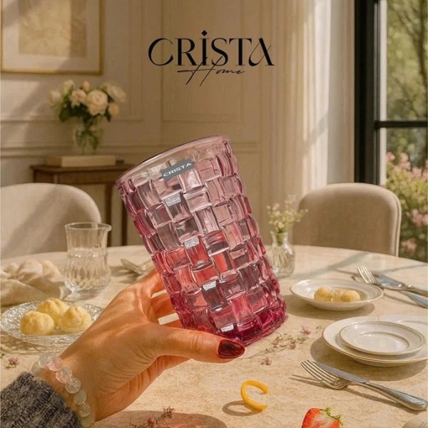 Bộ 6 cốc thuỷ tinh Crista Home hoạ tiết vân caro 350ml màu hồng (60223-P)