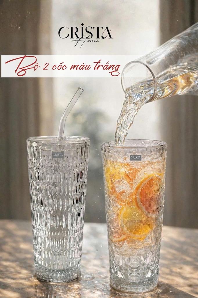 Bộ 2 cốc thủy tinh cao kèm ống hút Crista 500ml màu trắng (60243-W) (TẶNG 2 nắp nhựa chống tràn)