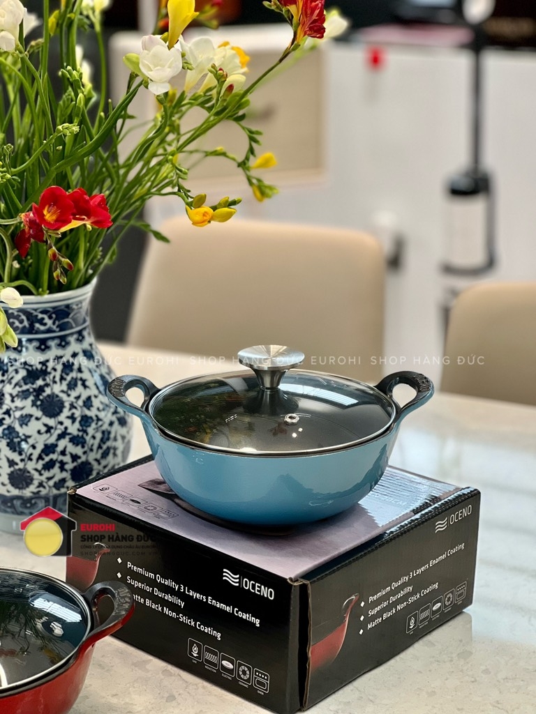 Chảo gang đúc Oceno 20cm sâu lòng có nắp màu xanh