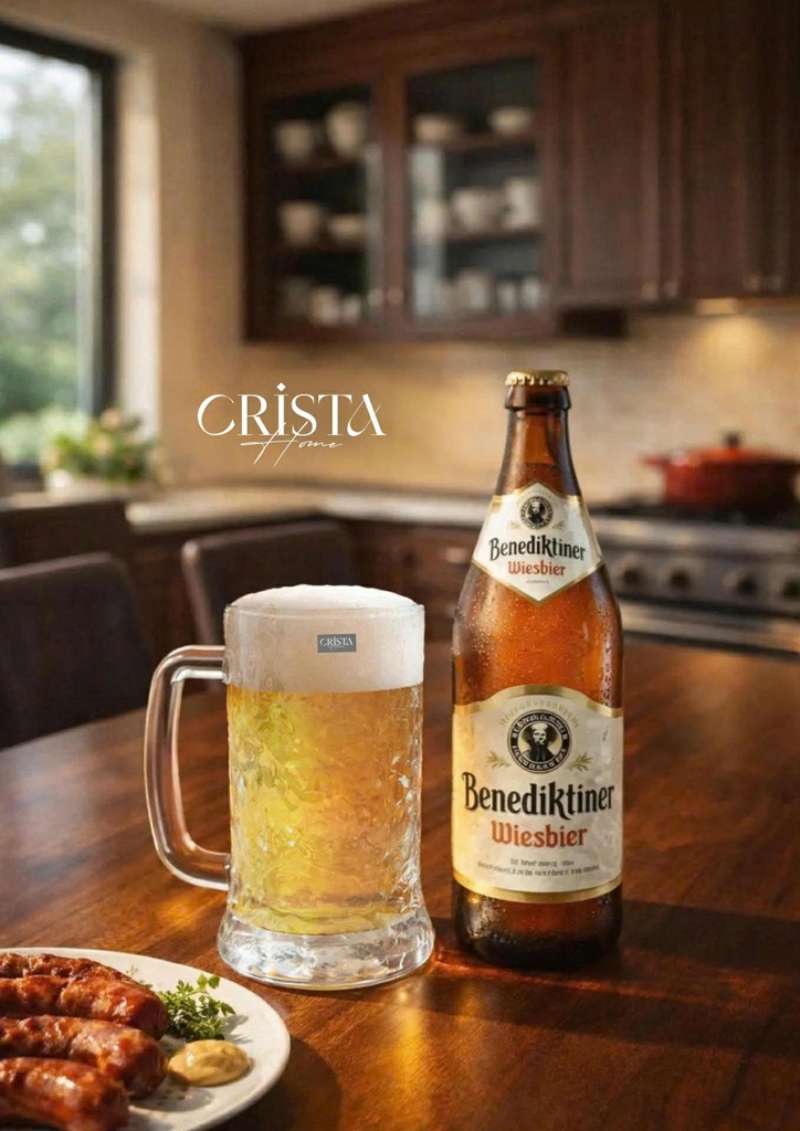 Bộ 6 cốc bia thuỷ tinh vân sóng nước có quai Crista Home 420ml màu trắng (60247-W)