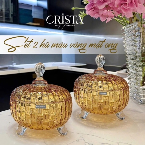 Set 2 hũ mứt Crista Home vân caro màu vàng (60205-Y)