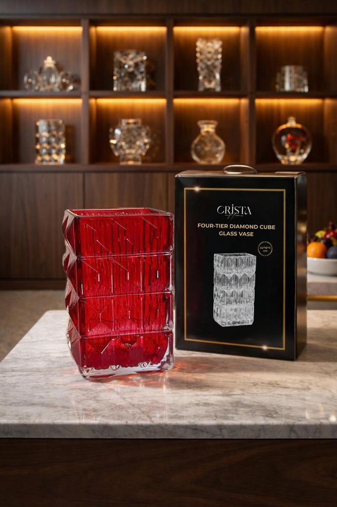 Lọ hoa thủy tinh vân kim cương 4 tầng Crista màu đỏ (60241-R)