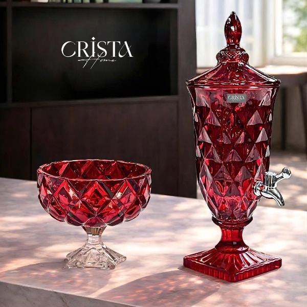 Bình nước thủy tinh Crista Home vân kim cương có vòi 2L màu đỏ (60267-R)