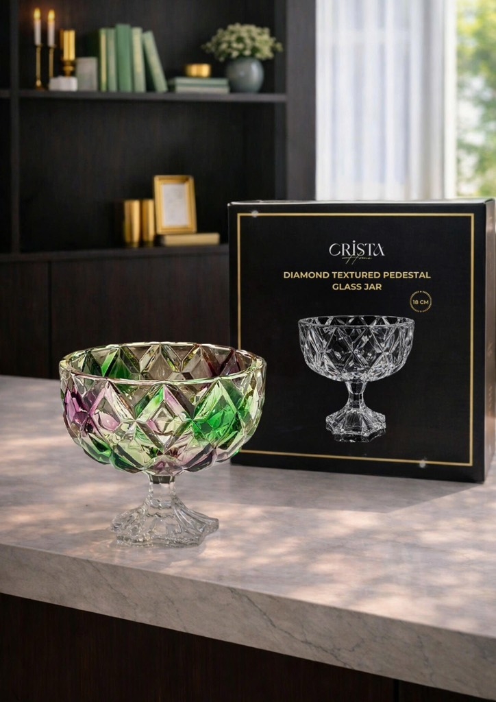 Hũ thủy tinh chân bồng vân kim cương 18cm Crista Home màu cầu vồng (60251-RB)