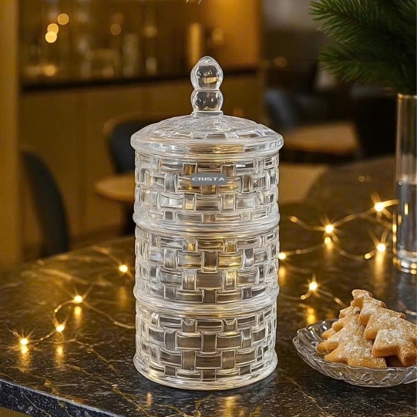 Hũ mứt 3 tầng Crista Home họa tiết caro Trắng (80044-W-60211W)