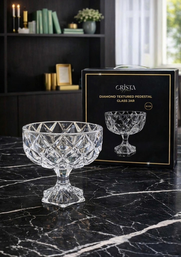 Hũ thủy tinh chân bồng vân kim cương 18cm Crista Home màu trắng (60251-W)