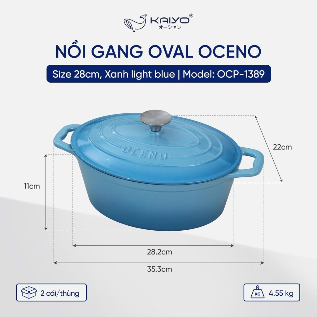 Nồi gang oval Oceno 28cm màu xanh light blue (OCP-1389)