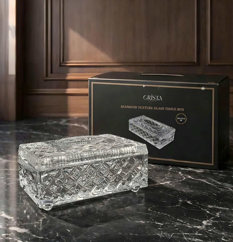 Hộp thủy tinh đựng giấy ăn vân kim cương Crista Home màu trắng (60250-W)