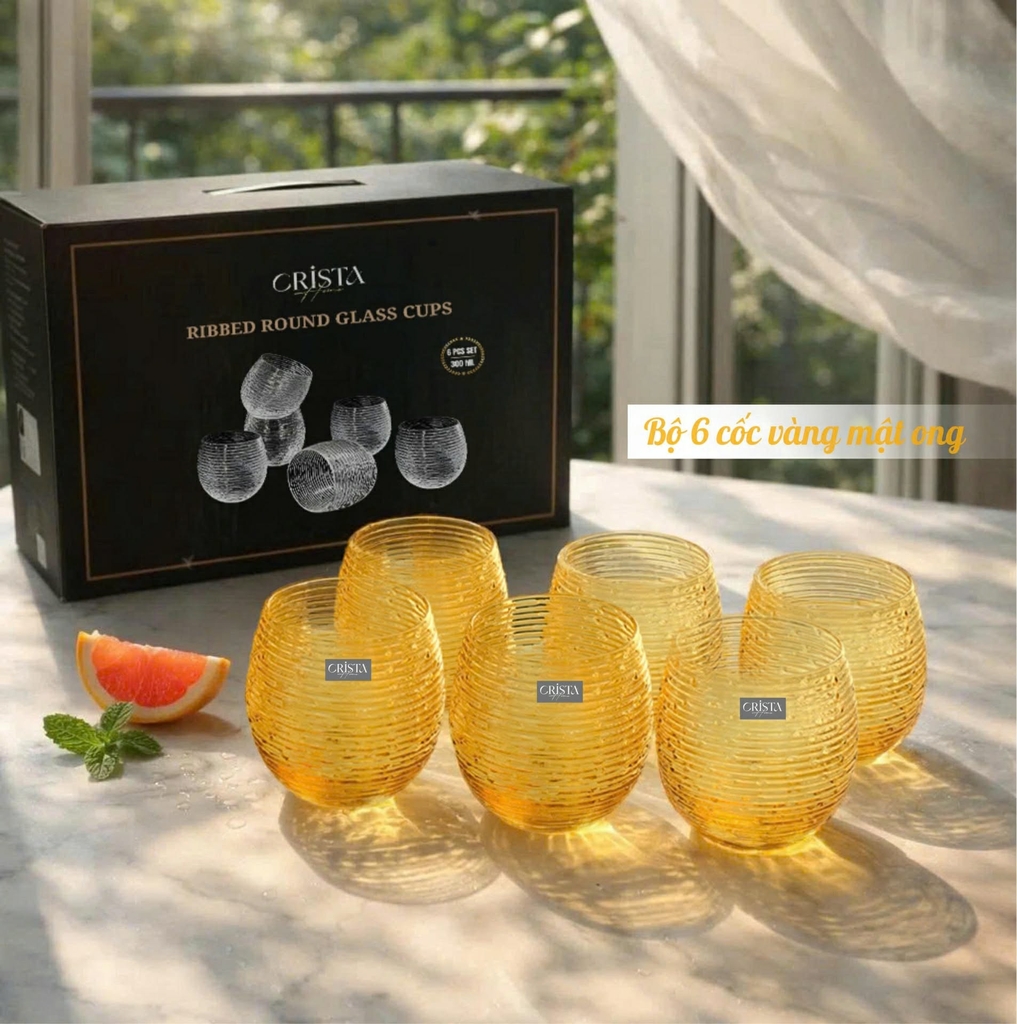 Bộ 6 cốc thủy tinh Crista Home dáng bầu vân ngang 300ml màu vàng (60254-Y)