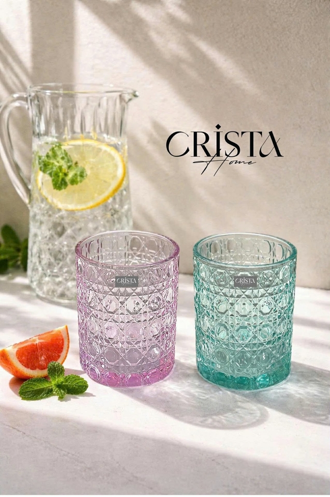 Bộ 6 cốc thủy tinh Crista Home họa tiết vân pha lê nổi 390ml mix màu (60253-MIX)