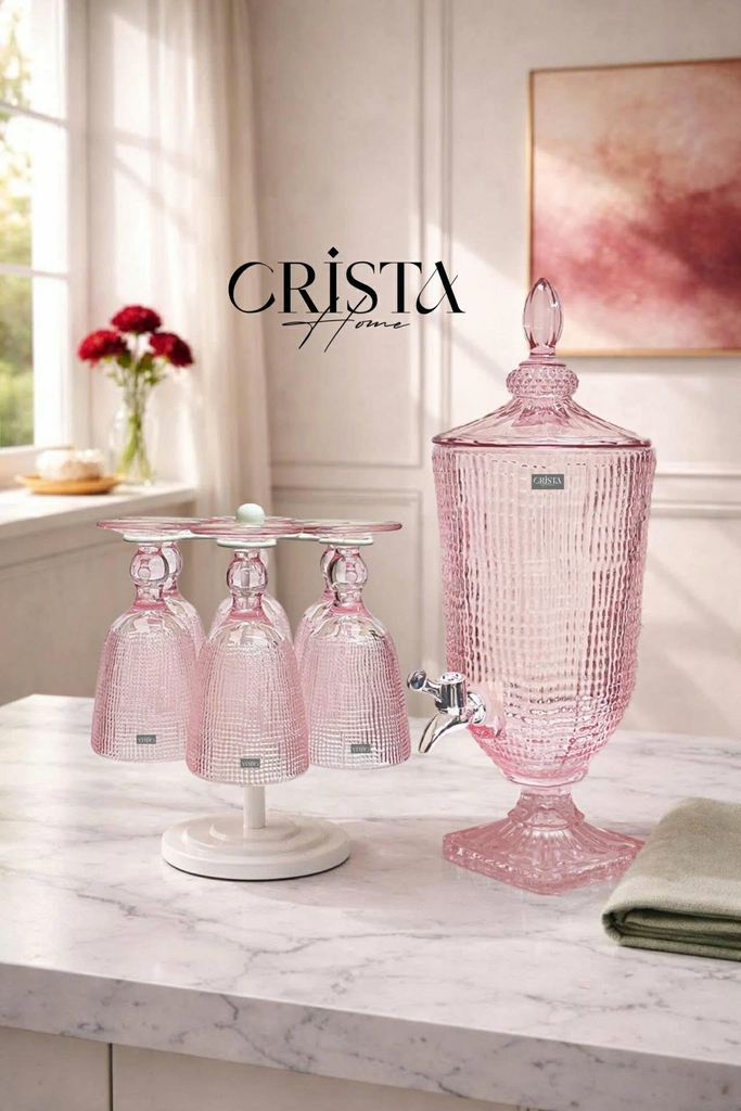 Bình nước thủy tinh Crista Home họa tiết vân lưới có vòi 3,3L màu hồng (60204-P)
