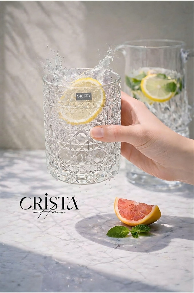 Bộ 6 cốc thủy tinh Crista Home họa tiết vân pha lê nổi 390ml màu trắng (60253-W)