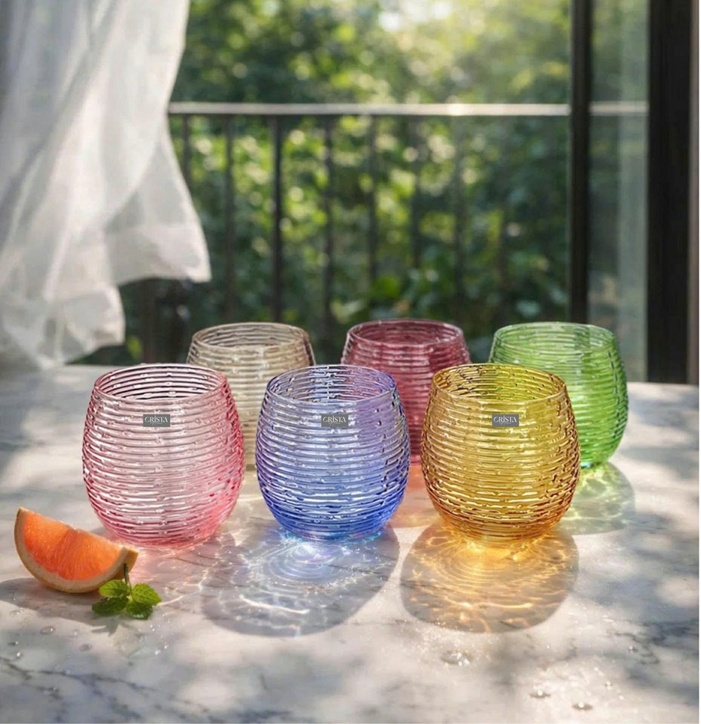 Bộ 6 cốc thủy tinh Crista Home dáng bầu vân ngang 300ml mix màu (60254-MIX)