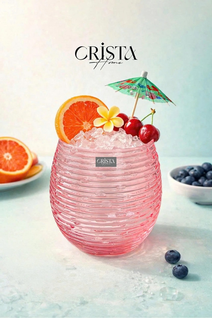 Bộ 6 cốc thủy tinh Crista Home dáng bầu vân ngang 300ml màu hồng (60254-P)