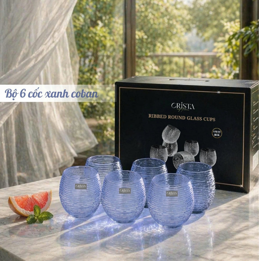 Bộ 6 cốc thủy tinh Crista Home dáng bầu vân ngang 300ml màu xanh dương (60254-B)