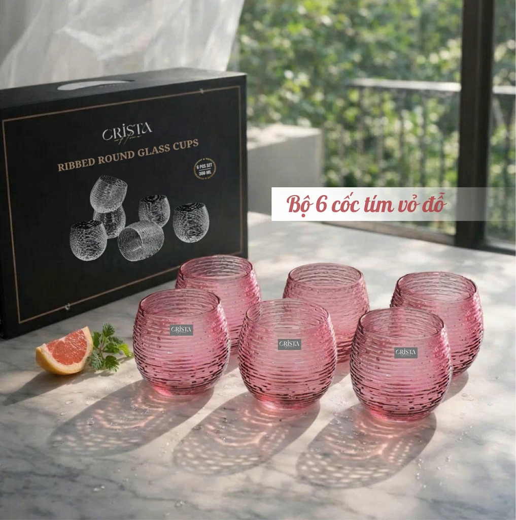 Bộ 6 cốc thủy tinh Crista Home dáng bầu vân ngang 300ml màu tím (60254-PU)