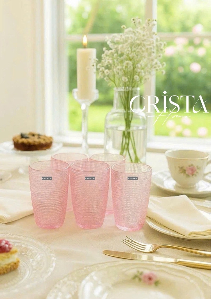 Bộ 6 cốc thủy tinh Crista Home họa tiết vân lưới 420ml hồng (80052-P)
