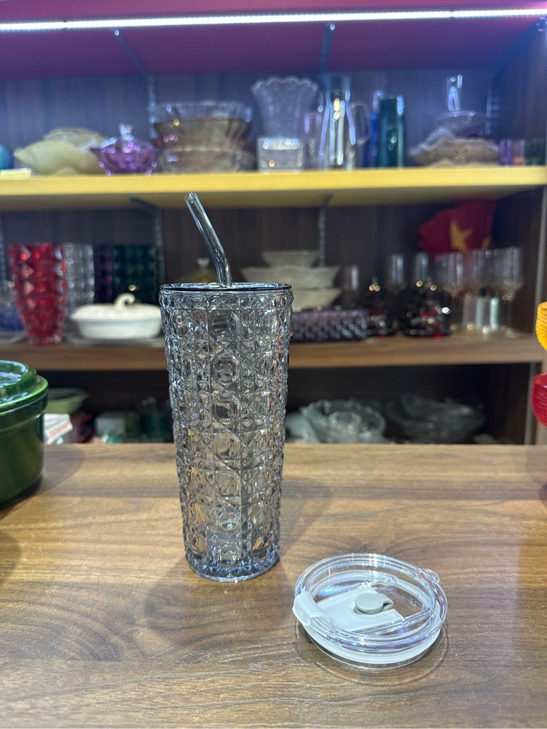 Cốc thủy tinh cao kèm ống hút Crista 500ml màu xám (tặng nắp nhựa chống tràn)( tách) 60243-GR