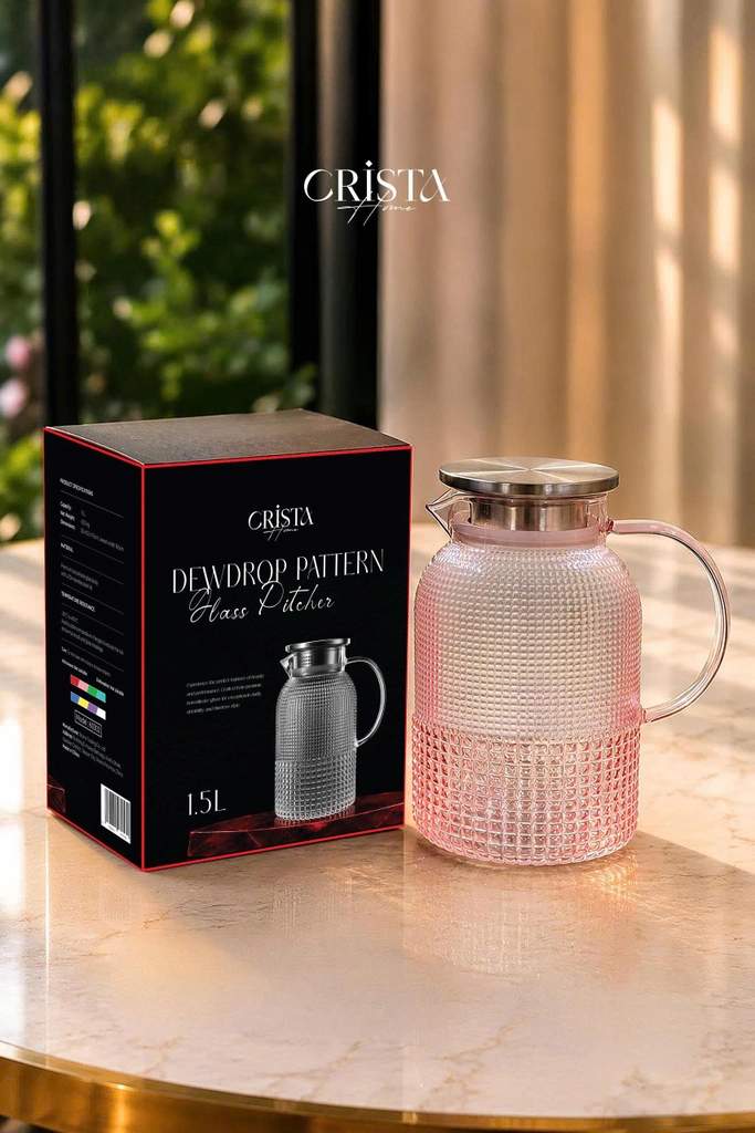 Bình thủy tinh Crista Home vân hạt sương mai 1,5L màu hồng (60302-P)