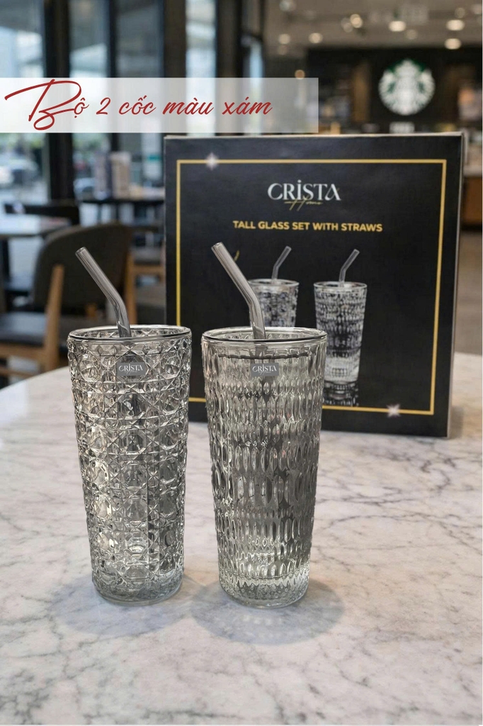 Bộ 2 cốc thủy tinh cao kèm ống hút Crista 500ml màu xám (60243-GR) (TẶNG 2 nắp nhựa chống tràn)