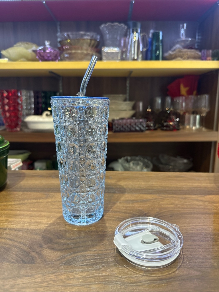 Cốc thủy tinh cao kèm ống hút Crista 500ml màu xanh dương (tặng nắp nhựa chống tràn)( tách) 60243-B