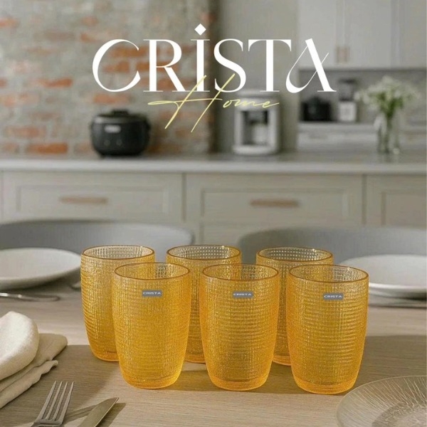 Bộ 6 cốc thủy tinh Crista Home họa tiết vân lưới 420ml vàng (80052-Y/60209-Y)
