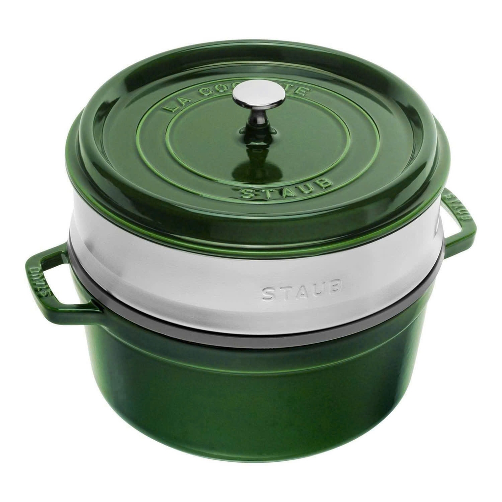 Nồi gang Staub Basilic kèm xửng hấp 26cm 5.25L màu xanh rêu (1004354/ 1133885)