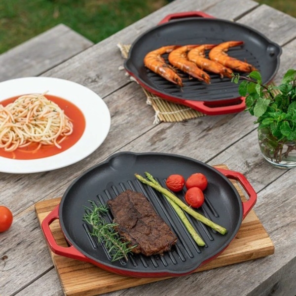 Chảo gang nướng Oceno 26cm màu đỏ