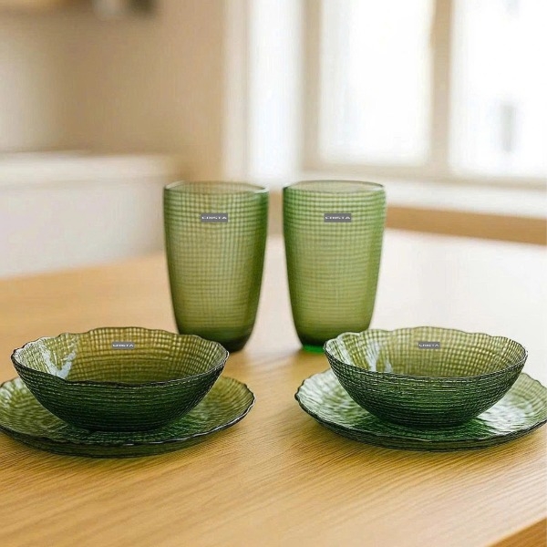 Bộ 6 món thuỷ tinh Crista Home vân lưới gồm 2 bát + 2 đĩa + 2 cốc xanh lá (80054-G)